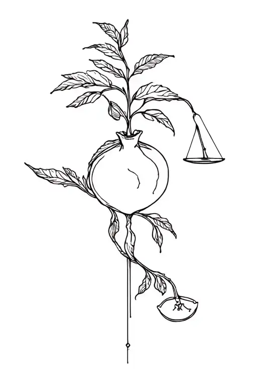 persephone, pomegranate, temperance, courage, justice and wisdom  tattoo design idea