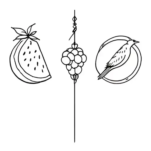 Romantic fine-line tattoo sketch, symbols for Ameliya: watermelon, mandarin, blackberry, swallow, needle with thread, am tattoo design idea