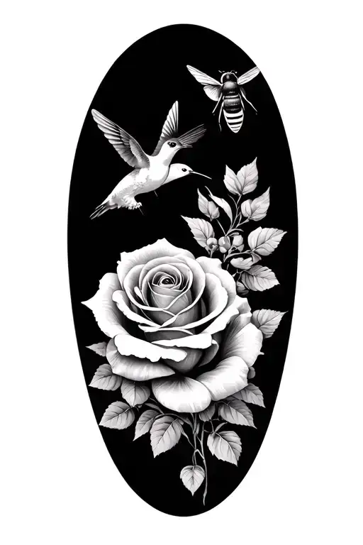 roses hummingbirds and a bee flying tattoo design idea