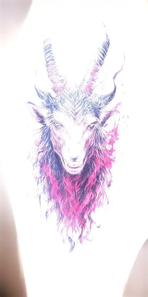 The image shows a tattoo of a Wicked.,Witchcraft stylized goat-like creature with dark fur. It has large, Burning horn   tattoo design idea