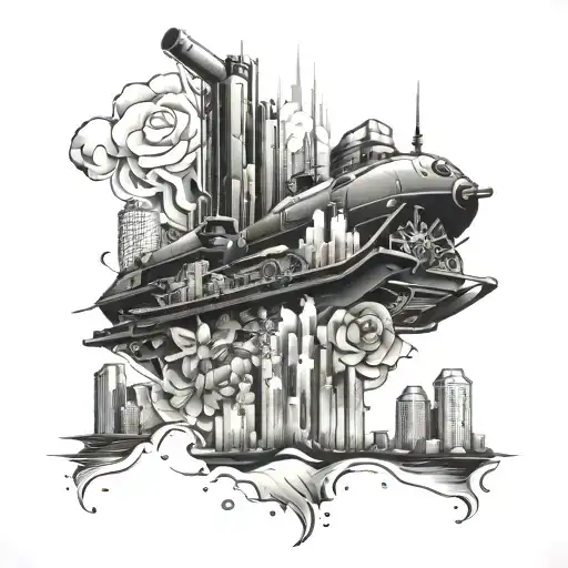 tank skyline technology flower and city  tattoo design idea