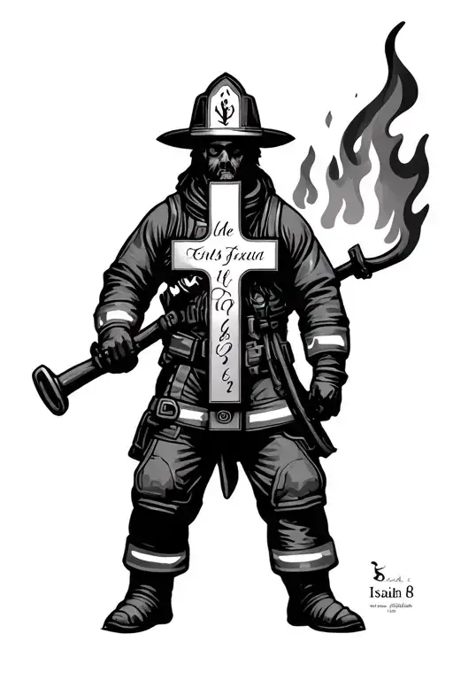 Isaiah 6:8 written fireman flames cross tattoo design idea