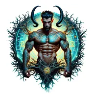 sexy gay male horned satyr with massive bodybuilder muscles flex. cyber tree roots, vines and constellations tattoo design idea