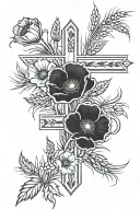 negative space cross with poppy flowers and wheat  tattoo design idea