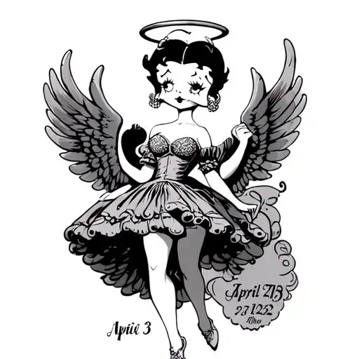 Betty boop having wings and an halo with the dates apirl 3 1955- July 27 2022  tattoo design idea