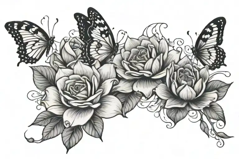 2 roses water lily flower 3 butterflies flying tattoo design idea