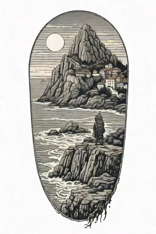 A hooded cultist walking along a cliff, with ocean in background, isolated island with a monastery tattoo design idea