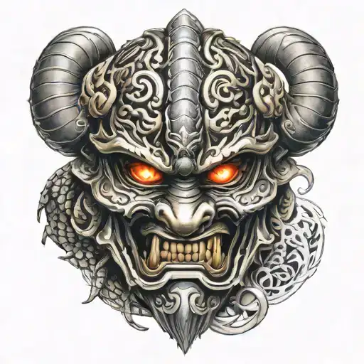 tattoo on the whole arm of a samurai mask with glowing eyes, a dragon that wraps around the arm, against a background of tattoo design idea