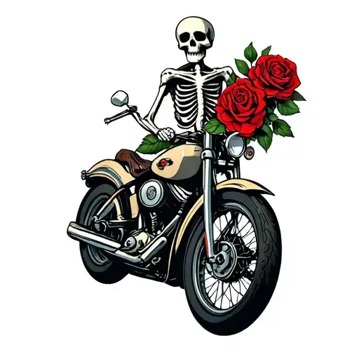 skeleton holding roses on motorcycle tattoo design idea