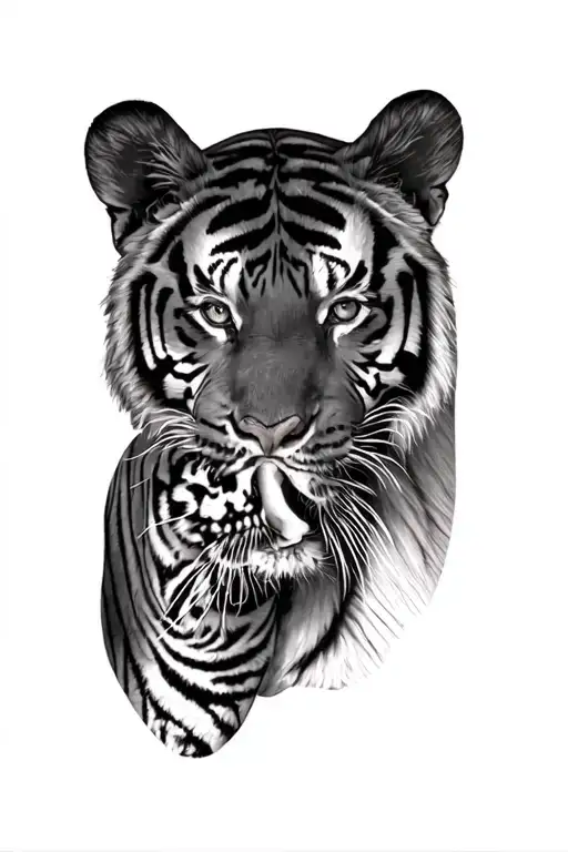 Tiger And Cub face above a Tiger holding tattoo design idea