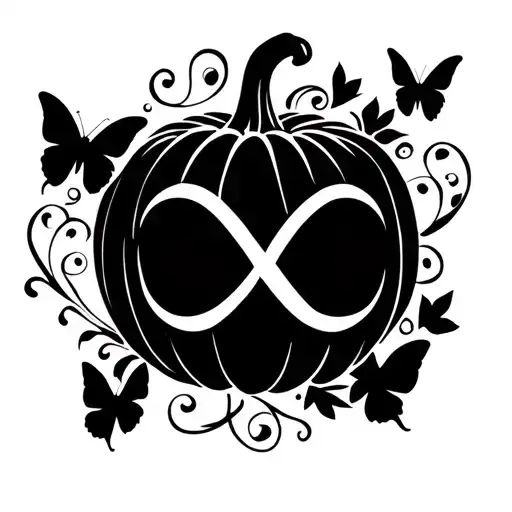 delicate ornamental infinity symbol with small pretty pumpkin and small butterfly, not carved pumpkin tattoo design idea