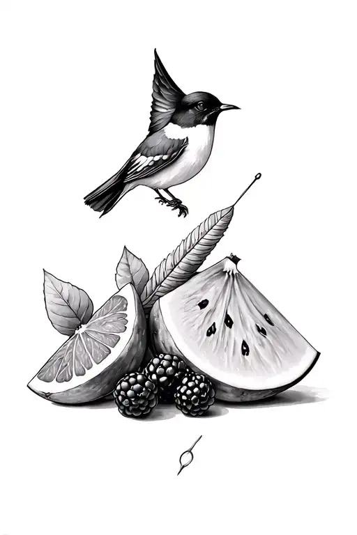 Romantic fine-line tattoo sketch, symbols for Ameliya: watermelon, mandarin, blackberry, swallow, needle with thread, am tattoo design idea