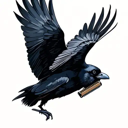 A crow in flight, carrying a small, worn-out harmonica in its claws. The crow could be soaring over a vast, open landsca tattoo design idea