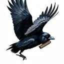 A crow in flight, carrying a small, worn-out harmonica in its claws. The crow could be soaring over a vast, open landsca tattoo design idea