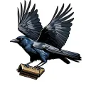 A crow in flight, carrying a small, worn-out harmonica in its claws. The crow could be soaring over a vast, open landsca tattoo design idea