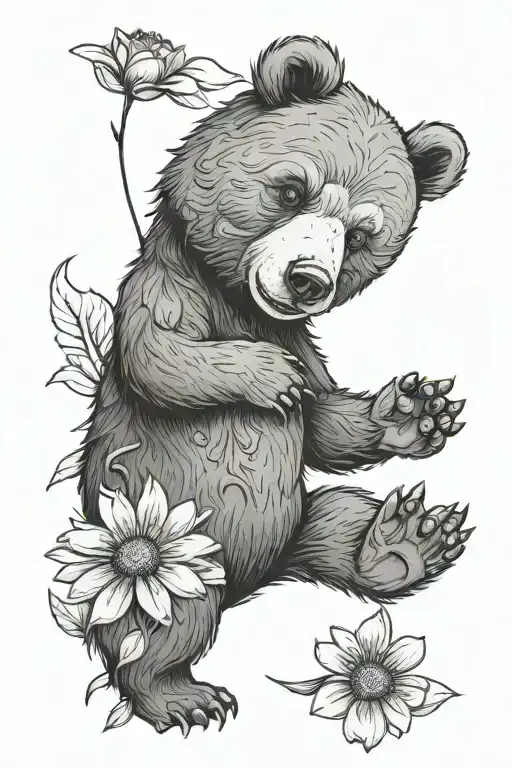 bear holding a daisy flower in one paw and claws out on the other tattoo design idea