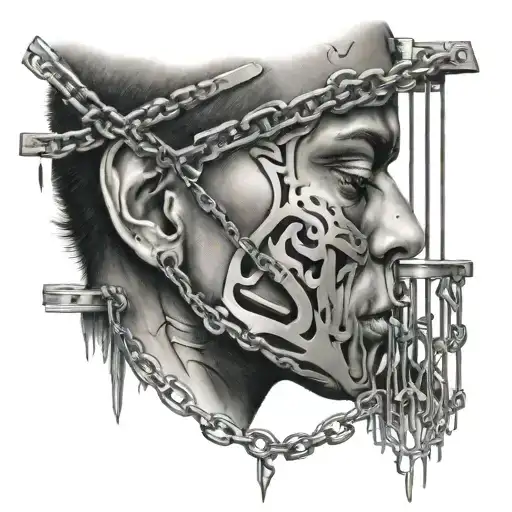 half a human face that blends into a cage face with a house inside. chains going to the side of the human face  tattoo design idea