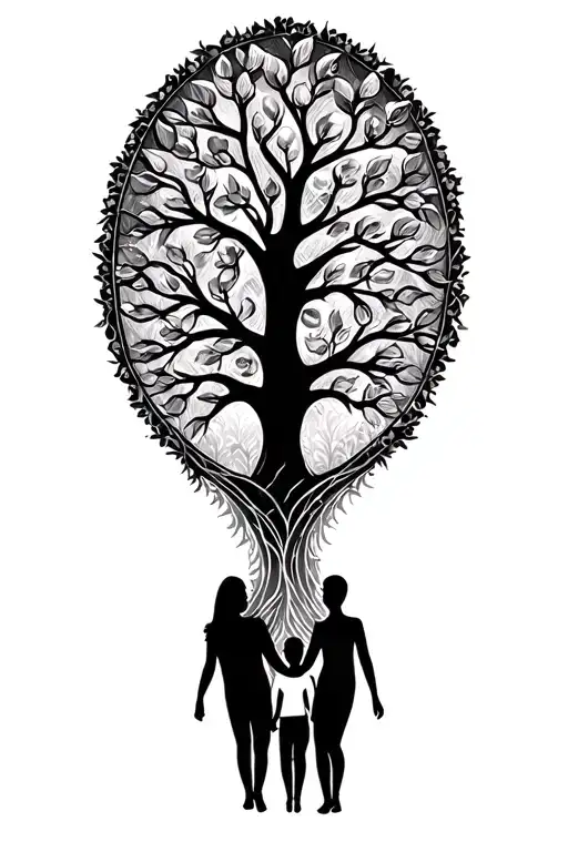 tree of life with family of 4 silhouette holding hands tattoo design idea
