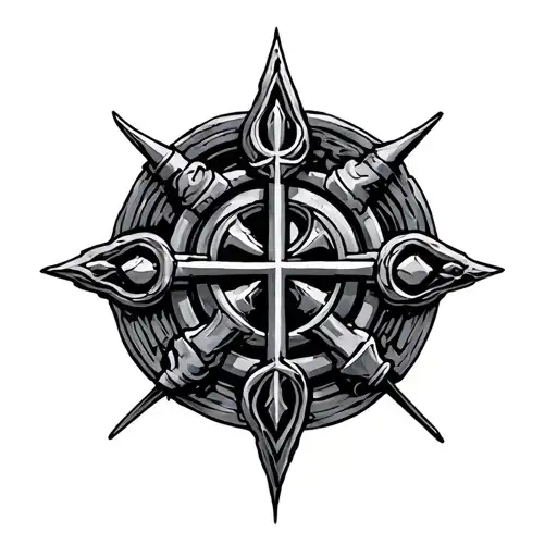 Warhammer 40k inquisition themed, inquisition rosette, purity seal/scroll, no people depicted, grim dark. tattoo design idea