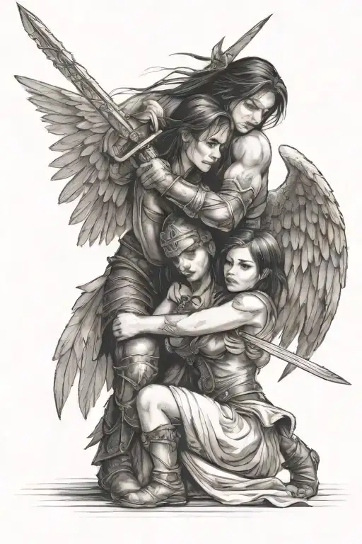 A warrior with wings and a sword hugs a girl standing tattoo design idea