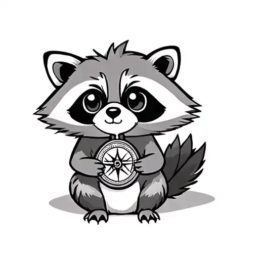 cute racoon sitting holding a compass tattoo design idea