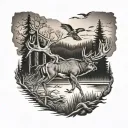 Whitetail Buck with wild turkeys and ducks flying over with woods in the background  tattoo design idea