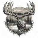 Whitetail Buck with wild turkeys and ducks flying over with woods in the background  tattoo design idea