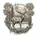Whitetail Buck with wild turkeys and ducks flying over with woods in the background  tattoo design idea