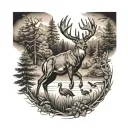 Whitetail Buck with wild turkeys and ducks flying over with woods in the background  tattoo design idea