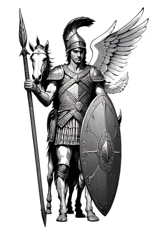 greek style spartan soldier with spear and shield and a Pegasus with wings also some greek patterns for depth tattoo design idea
