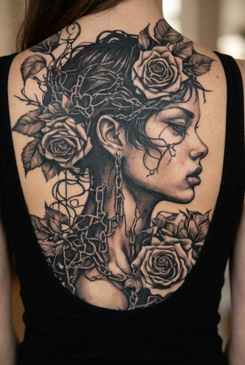 Silhouette of a girl with short hair, bare chest, roots growing out of chains, roses, decaying flesh tattoo design idea