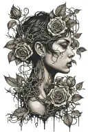 Silhouette of a girl with short hair, bare chest, roots growing out of chains, roses, decaying flesh tattoo design idea