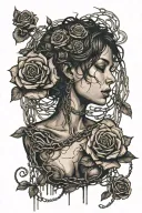 Silhouette of a girl with short hair, bare chest, roots growing out of chains, roses, decaying flesh tattoo design idea