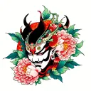 raijin, fujin, fill in with peony, oni mask, hannya mask, and peony half sleeve tattoo design idea
