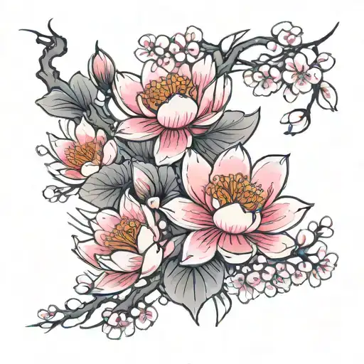 Create a tattoo sketch in Japanese style for the entire left arm. Key elements include blooming cherry blossoms, a lotus tattoo design idea