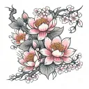 Create a tattoo sketch in Japanese style for the entire left arm. Key elements include blooming cherry blossoms, a lotus tattoo design idea