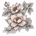 Create a tattoo sketch in Japanese style for the entire left arm. Key elements include blooming cherry blossoms, a lotus tattoo design idea