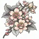 Create a tattoo sketch in Japanese style for the entire left arm. Key elements include blooming cherry blossoms, a lotus tattoo design idea