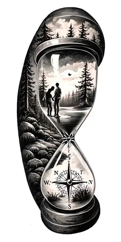 family and forest and hour glass and compass golf course tattoo design idea