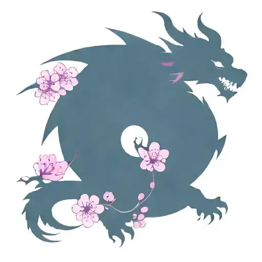 Dragon tattoo minimalist with purple cherry blossoms  and the dragon should be black minimalist and surrounded with purp tattoo design idea