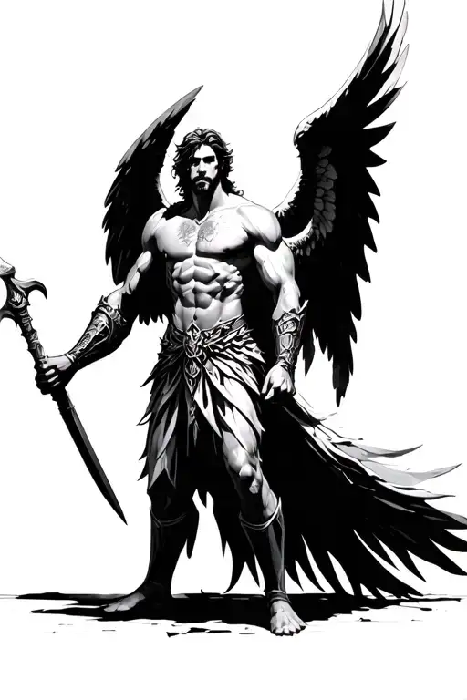 male angel warrior wielding tattoo design idea