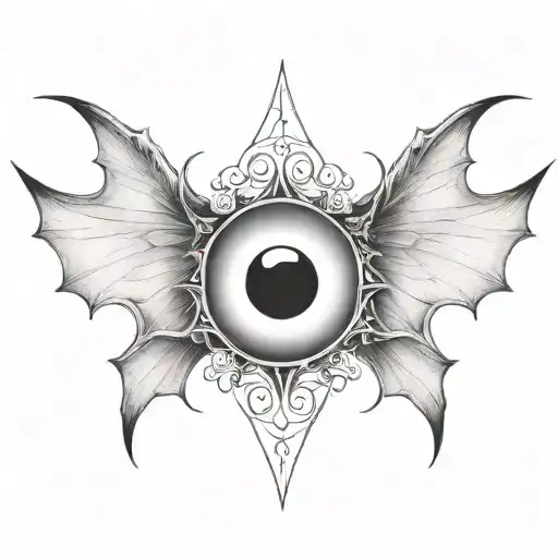 seraphim, 6 large bat wings, large demon eye in the centre, gothic tattoo design idea