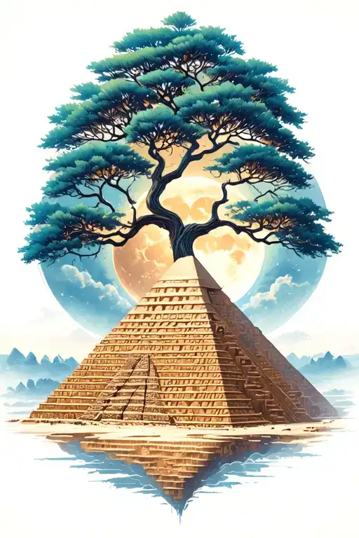 Divine tree of life with acient egypt pyramid moon tattoo design idea