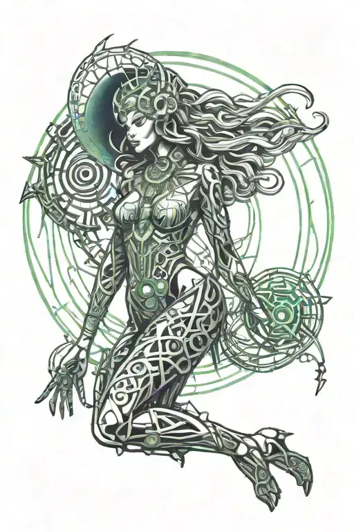 wisdom goddess full body standing powerful sexy full moon rising tattoo design idea