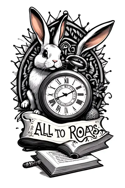 writing that says "all roads lead to Rome" with the rabbit from Alice in wonderland, a stop watch and a book with aztec  tattoo design idea