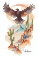 mountain in the background, cactus growing blackbird flying in the sky. 11/14 hidden in the image somewhere.  tattoo design idea
