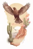 mountain in the background, cactus growing blackbird flying in the sky. 11/14 hidden in the image somewhere.  tattoo design idea