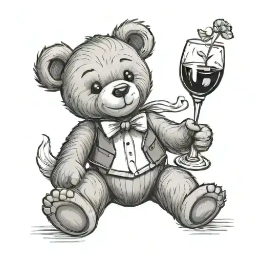 cute teddy bear holding a glass of wine tattoo design idea