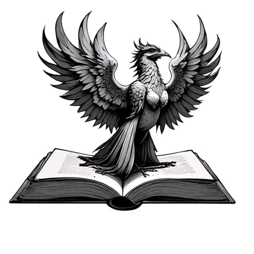 open book with a feminine phoenix bird flying out of it tattoo design idea