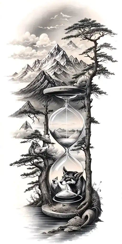 mountains, clouds, animals, hourglass , tree tattoo design idea